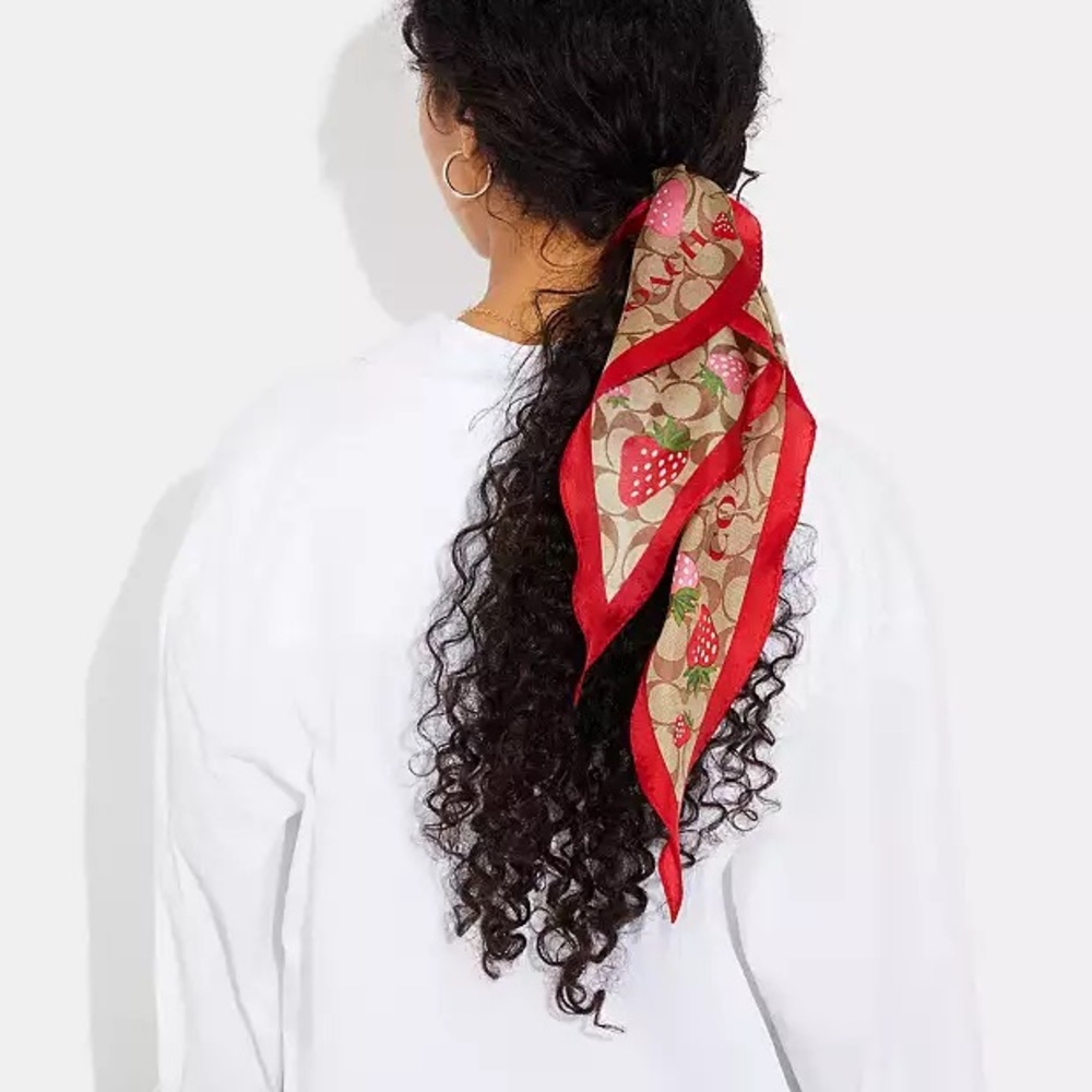 Coach Signature Wild Strawberry Print Silk Diamond Scarf